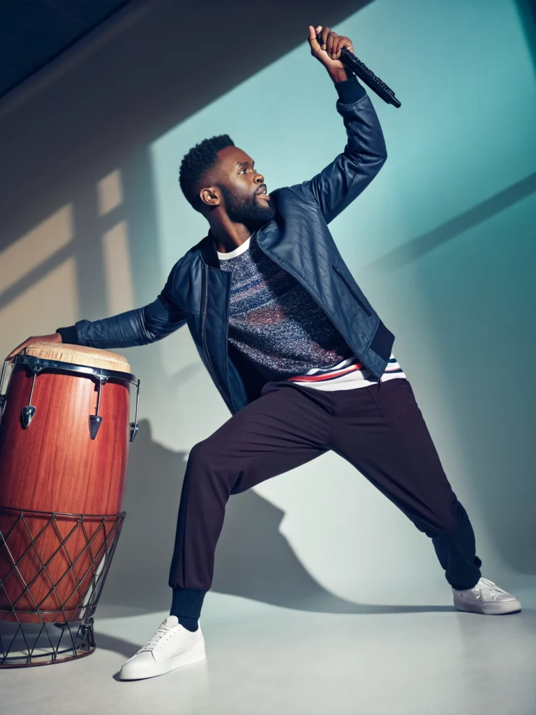 Contemporary editorial portrait of a world percussionist, energetic pose, music magazine style.